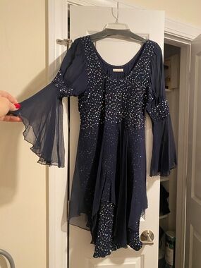 Sara Mique Navy Sequin Embellished Silk Dress Sz Lg Great For Parties or Events